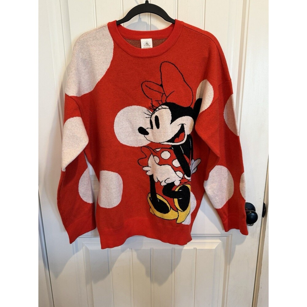 Disney Minnie Mouse Womens Medium Orange Red Polka Dot Knit Sweater Crewneck